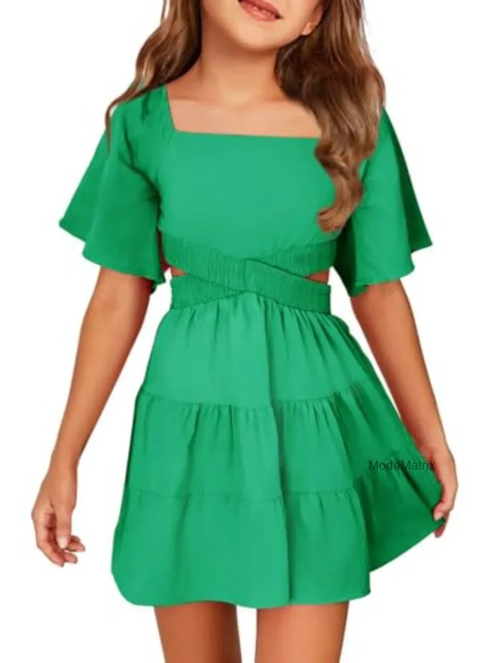 Cotton Square Neck Short Sleeve Crossover Waist A-line Mini Dress for Girls
